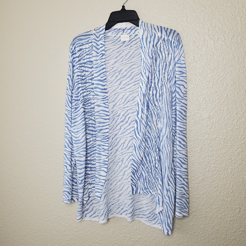 Chico's Linen Cotton Cardigan Sweater 2‎ L Blue White Zebra Lace Crochet Trim
